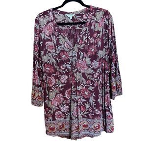 Lucky Brand Tunic Top Womens 1X Multicolor Floral Boho Split Neck Blouse